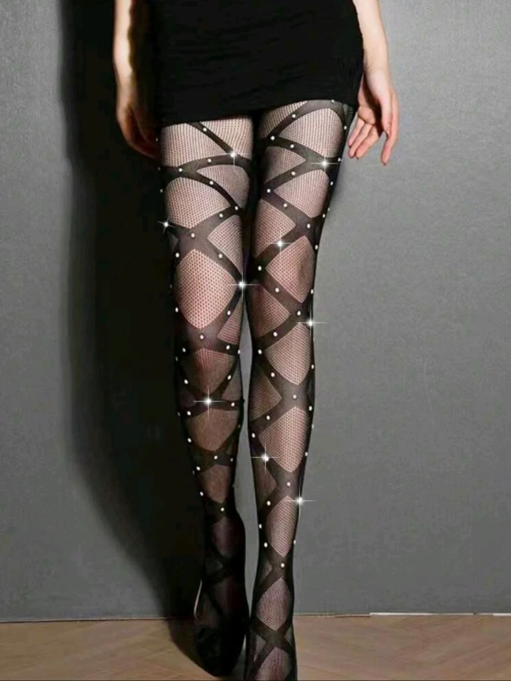Women's Black Rhinestone Crisscross Fishnet Tights